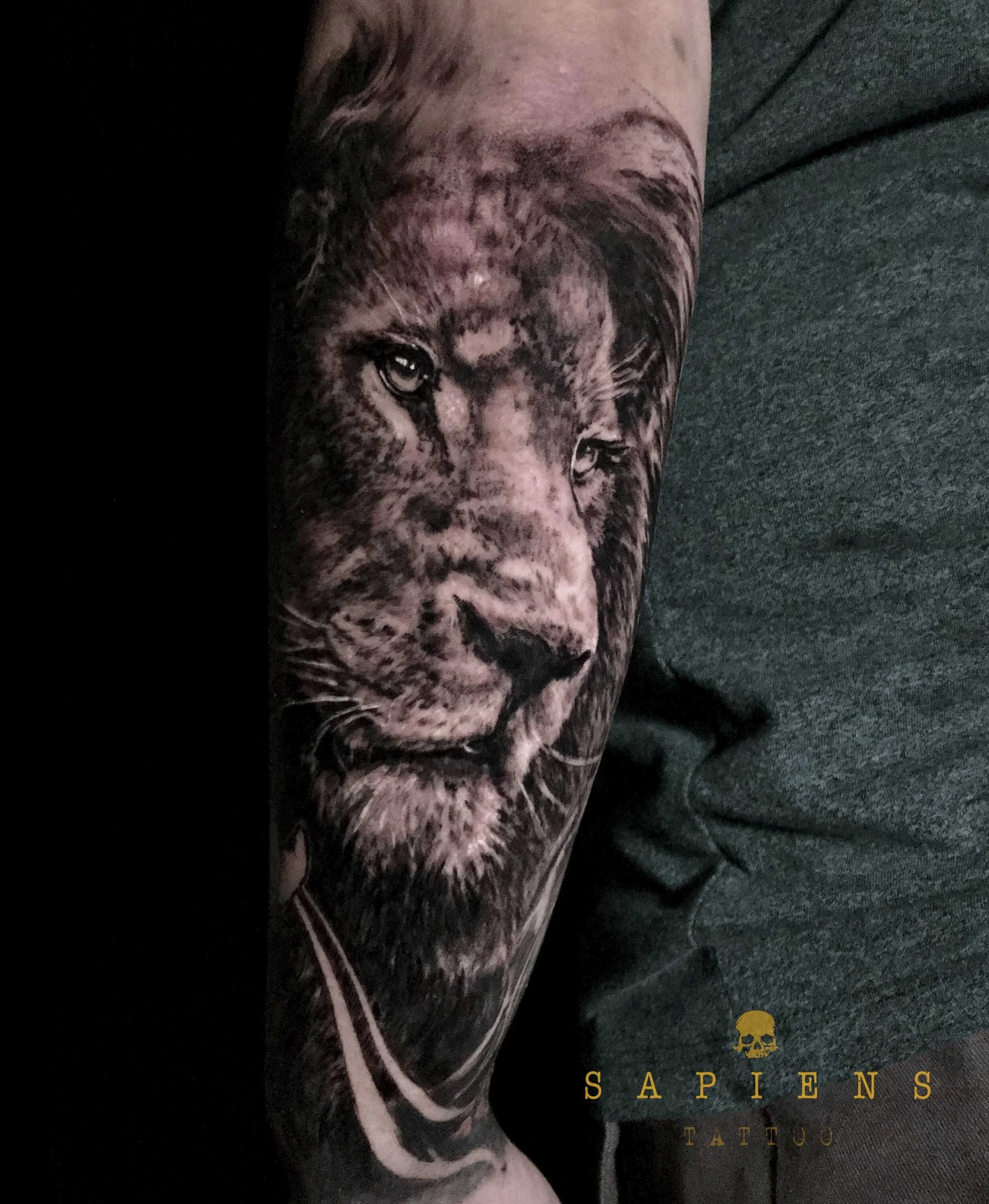 tatuaj realistic black and white cu cap de leu