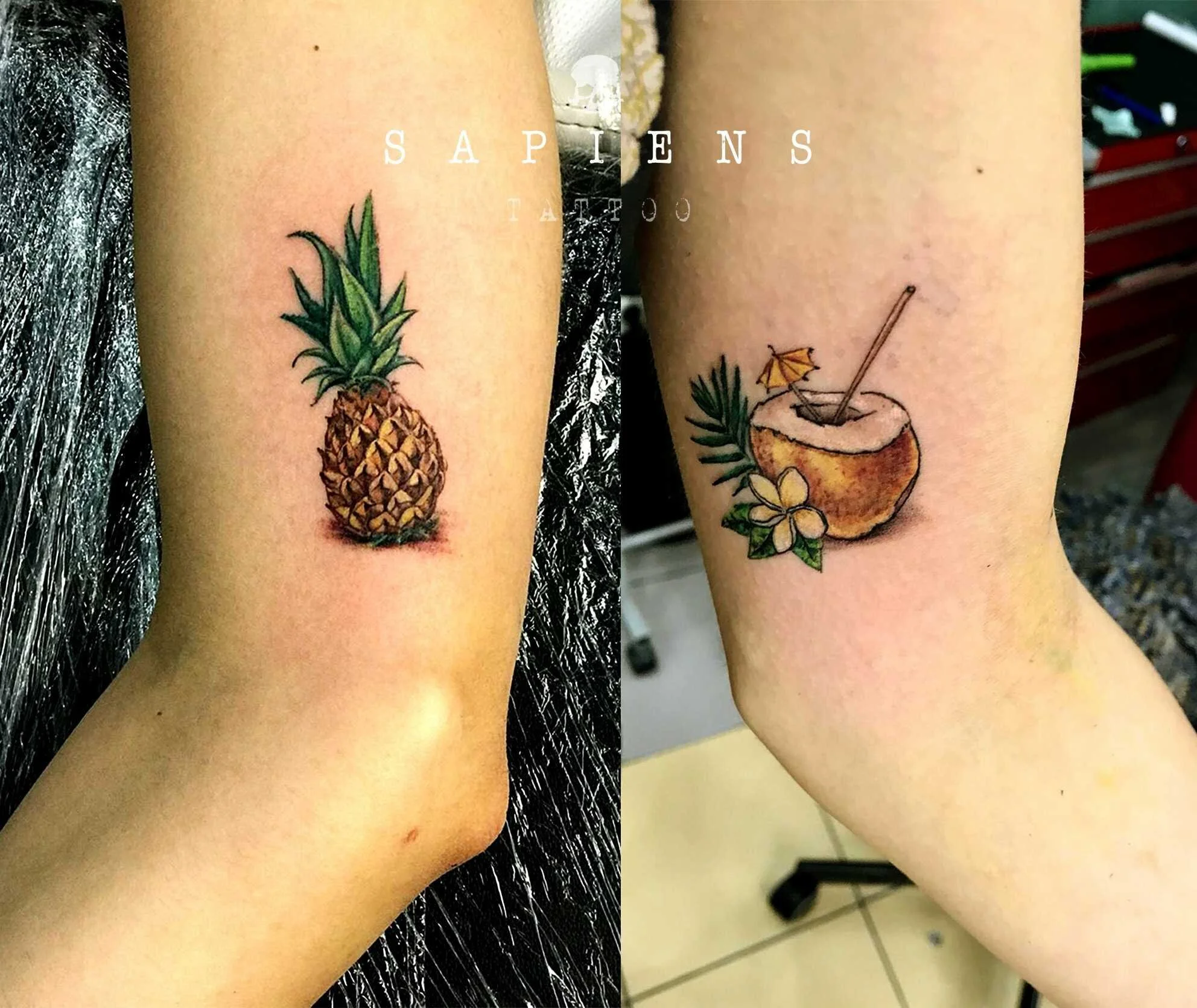 tatua color pentru doua prietene cu un ananas si o nuca de cocos simbolizand prietenia