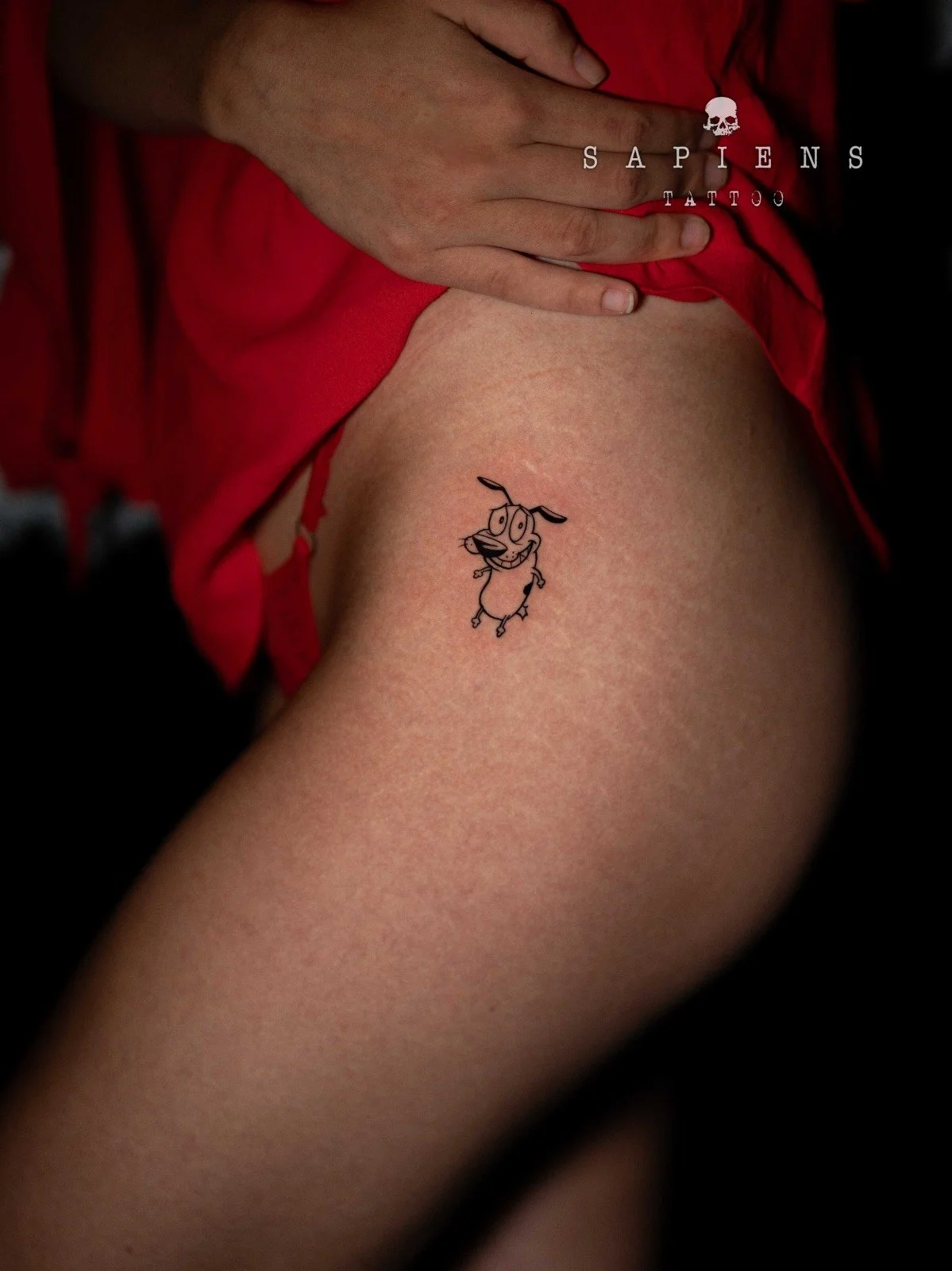 tatuaj simplu din linii pe piciorul unei fete cu cainele curaj din desenul animat curaj cainele fricos