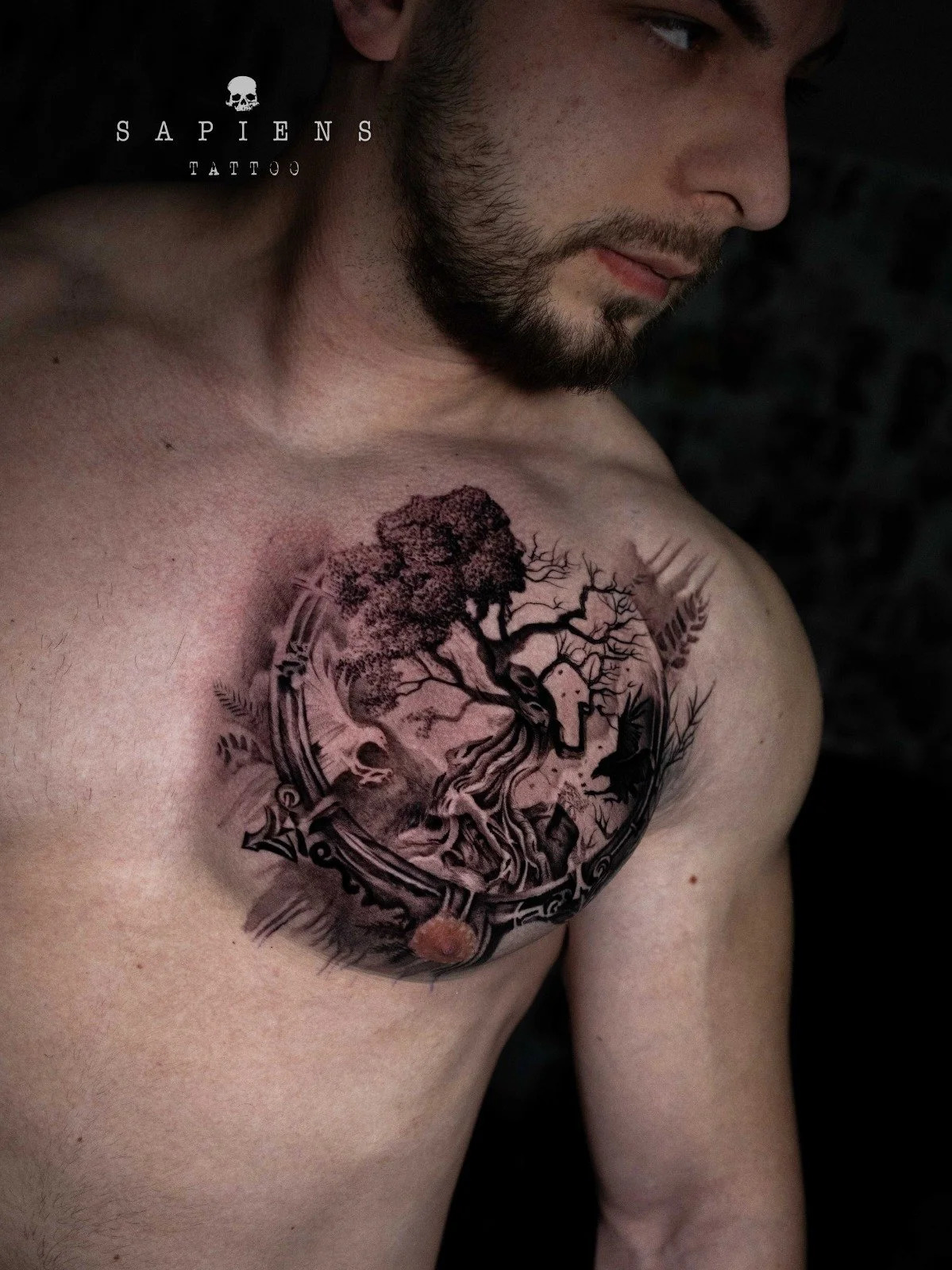 tatuaj pe pectoral in stil black and gray realism