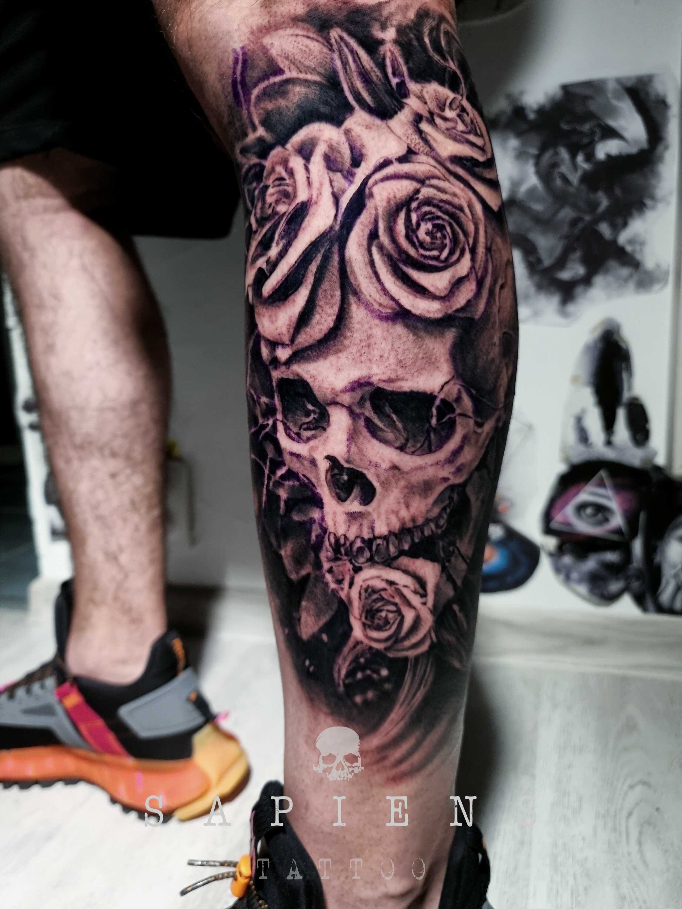 skull and roses black and white tattoo for guys