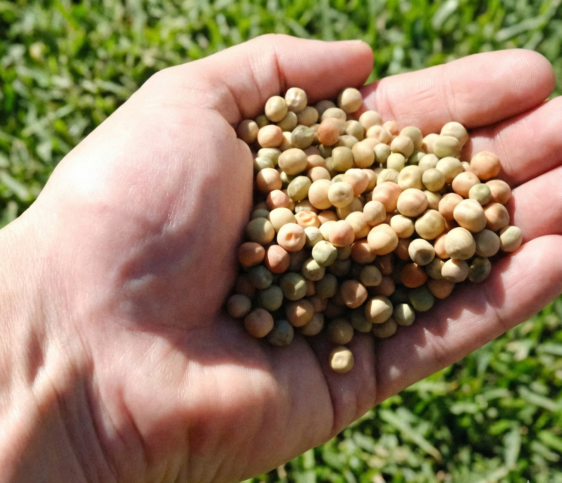 A person's hand holding a handful of kaspa oura peas outdoors with green grass in the background.