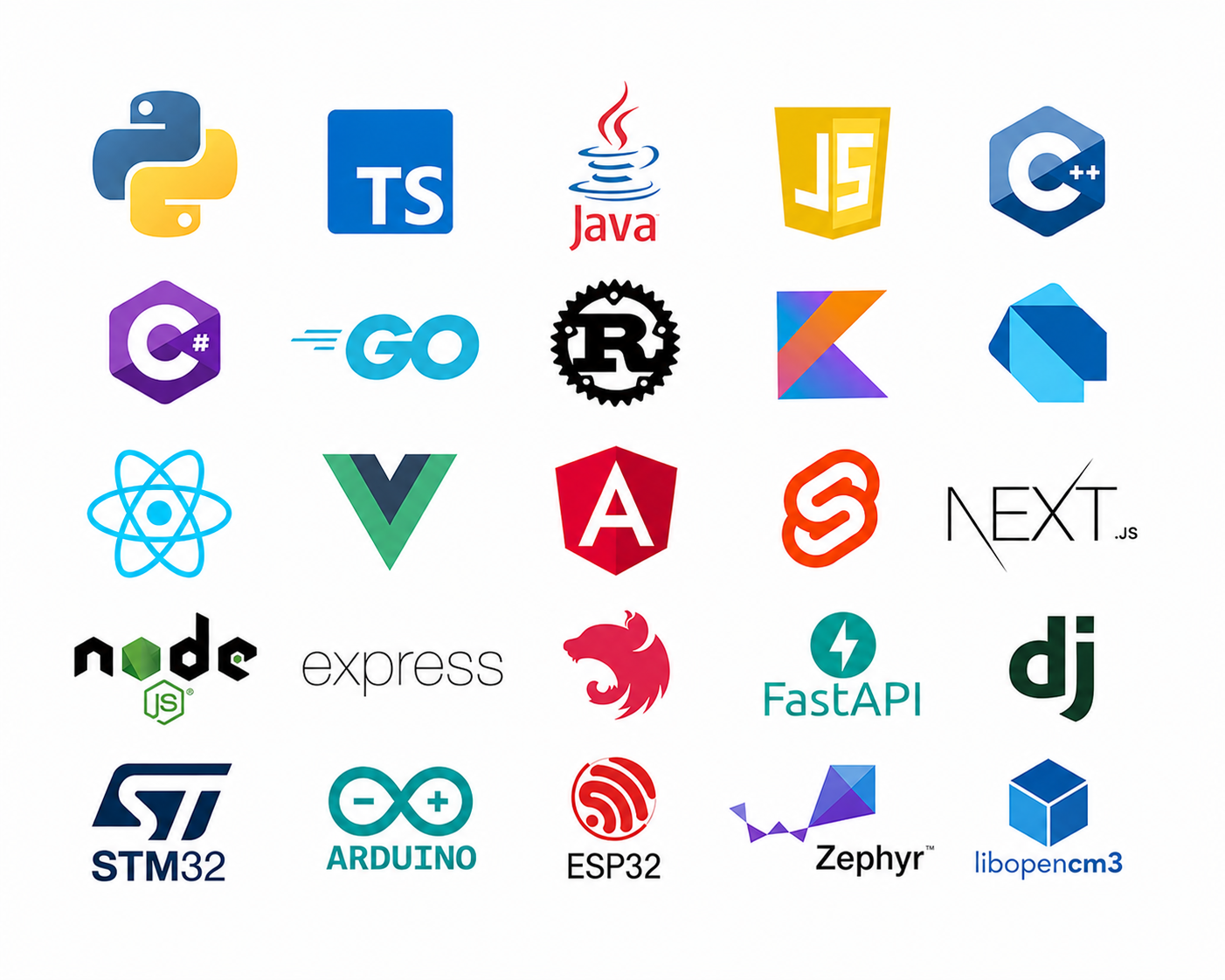 Kuvassa on monia ohjelmistojen ja ohjelmointia päivittäviä teknologioiden logoja, kuten Python, JavaScript, C++, React, Node.js, Arduino, ESP32 ja STM32.