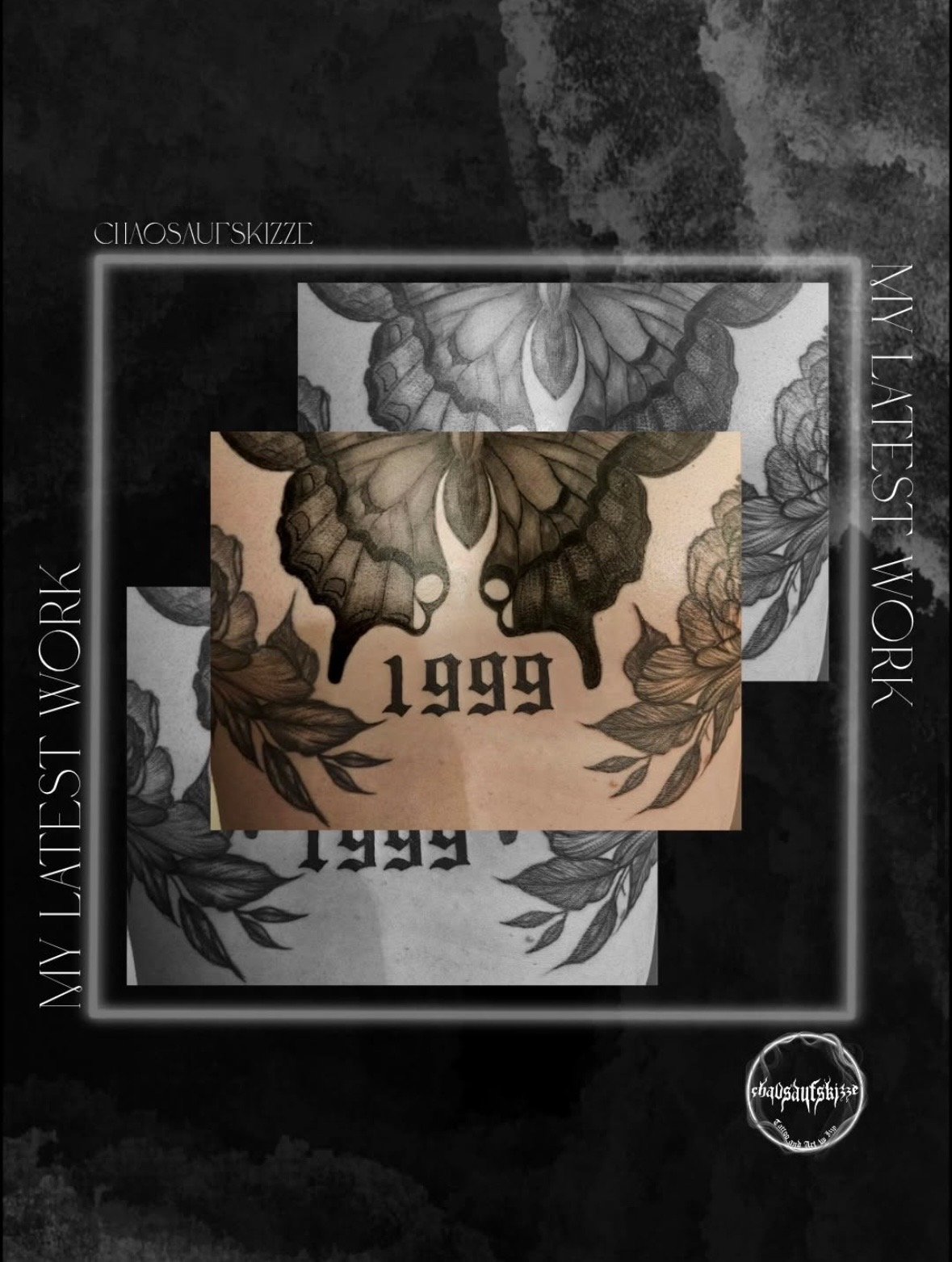Dunkle Tattoo-Designs mit Schmetterlingen und Blumen, datiert 1999, auf schwarzem Hintergrund mit weißen Texten.