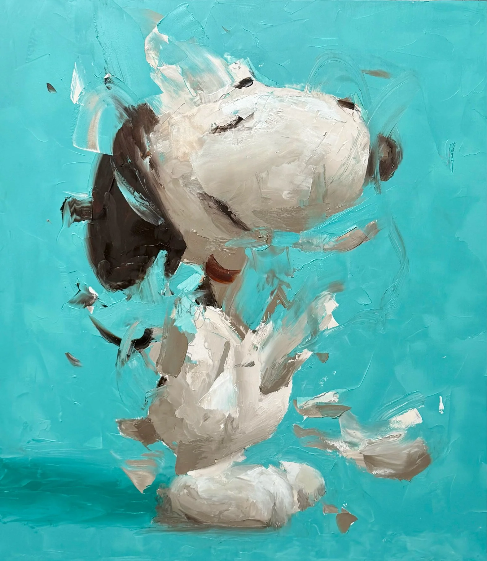 An abstract painting of a dog, possibly a Siberian Husky, sitting on a surface with a teal background. The painting features loose, expressive brushstrokes in white, black, and gray.