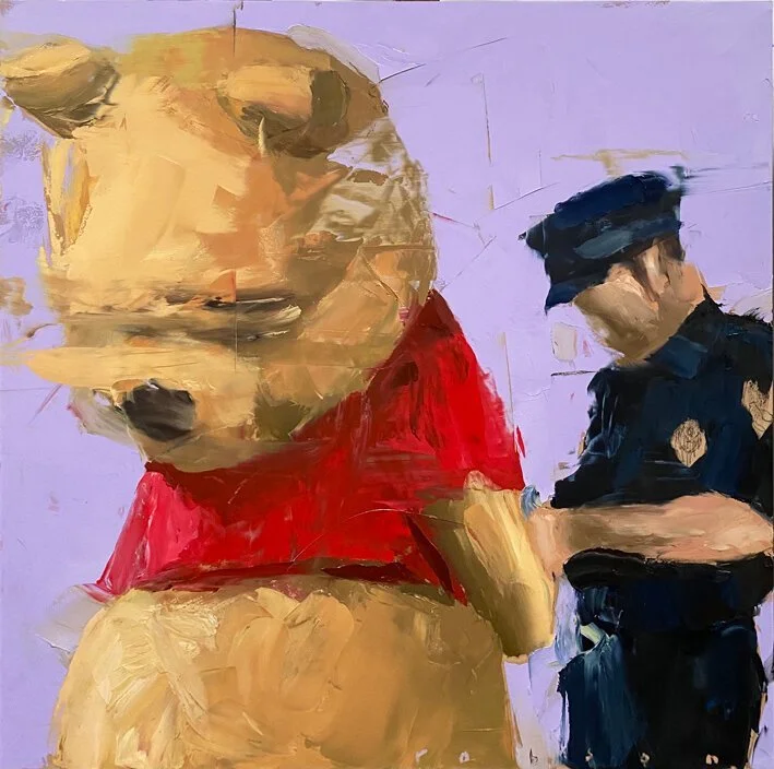 An abstract painting depicts a bear cub wearing a red shirt and a police officer in a dark uniform, with a lavender background.