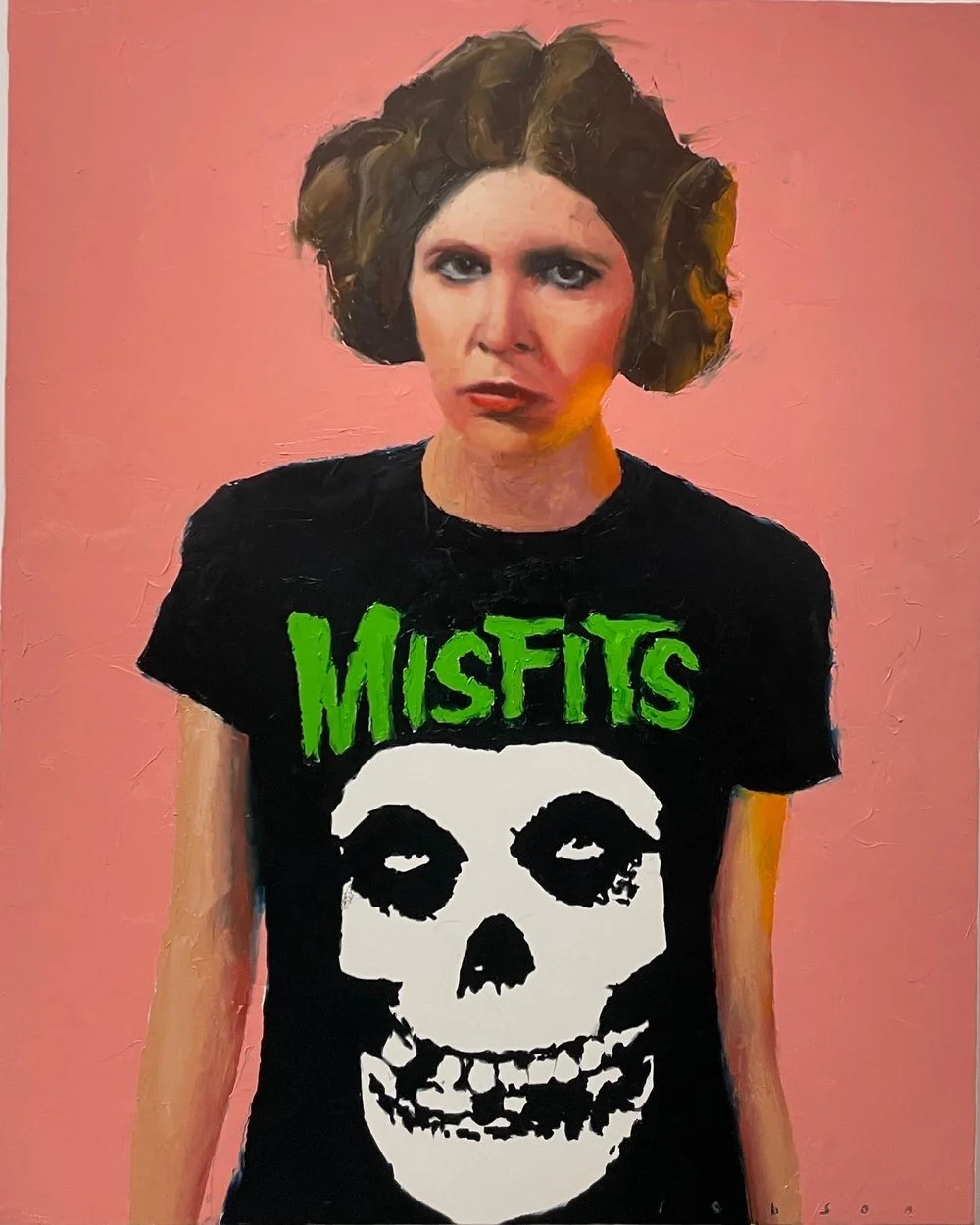 Painting of a woman with short, curly brown hair wearing a black Misfits band t-shirt with a skull logo, against a pink background.