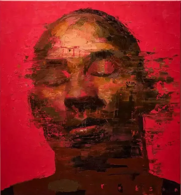 Abstract portrait of a woman's face with eyes closed, painted in warm earthy tones on a bright red background.
