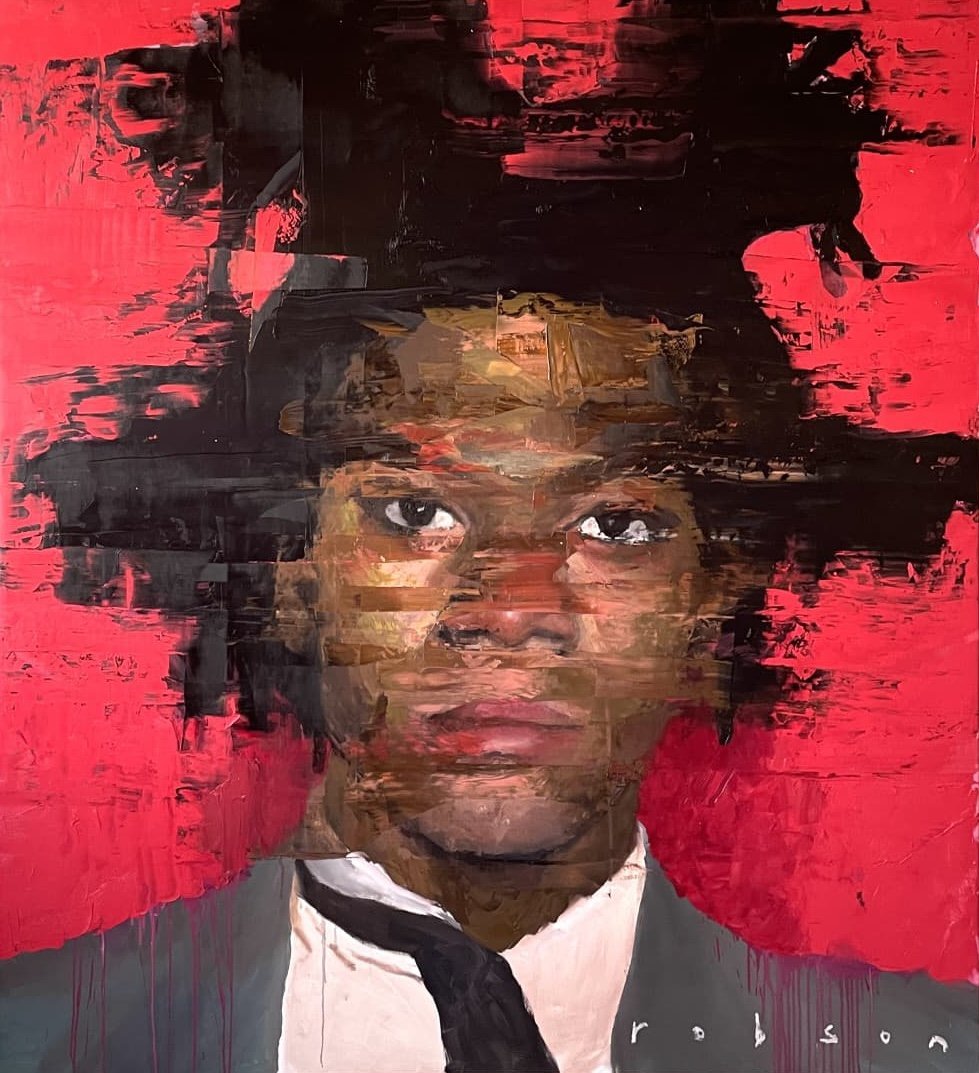 Abstract painting of a young person's face with a serious expression, wearing a white shirt and black tie, set against a red and black background.