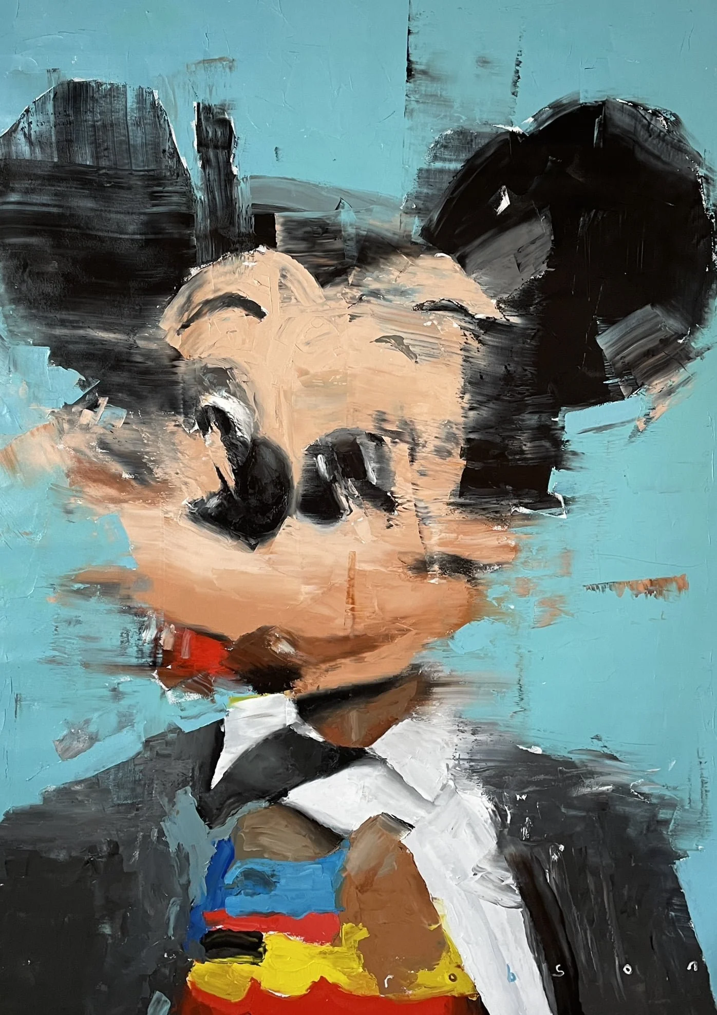 Abstract portrait of a woman with short black hair wearing makeup, a white shirt, and a black blazer with a vibrant blue background.