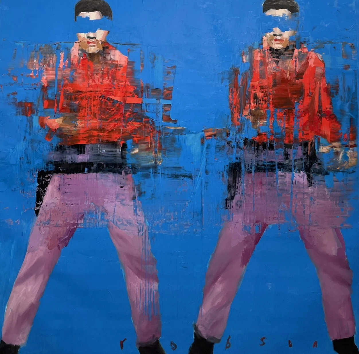 Painting of two women wearing red jackets and pink pants standing with hands on hips against a blue background.