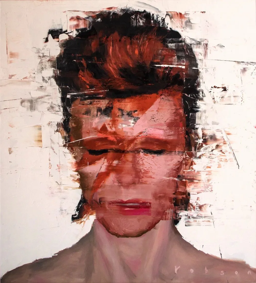 Abstract portrait of a woman with closed eyes and short hair, with bold brushstrokes in dark red, black, and pink tones on a light background.