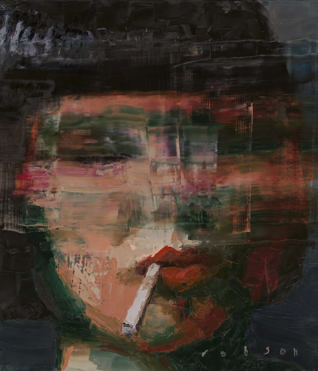 Abstract painting of a person with glasses smoking a cigarette, with blurred and expressive brushstrokes and a dark background.