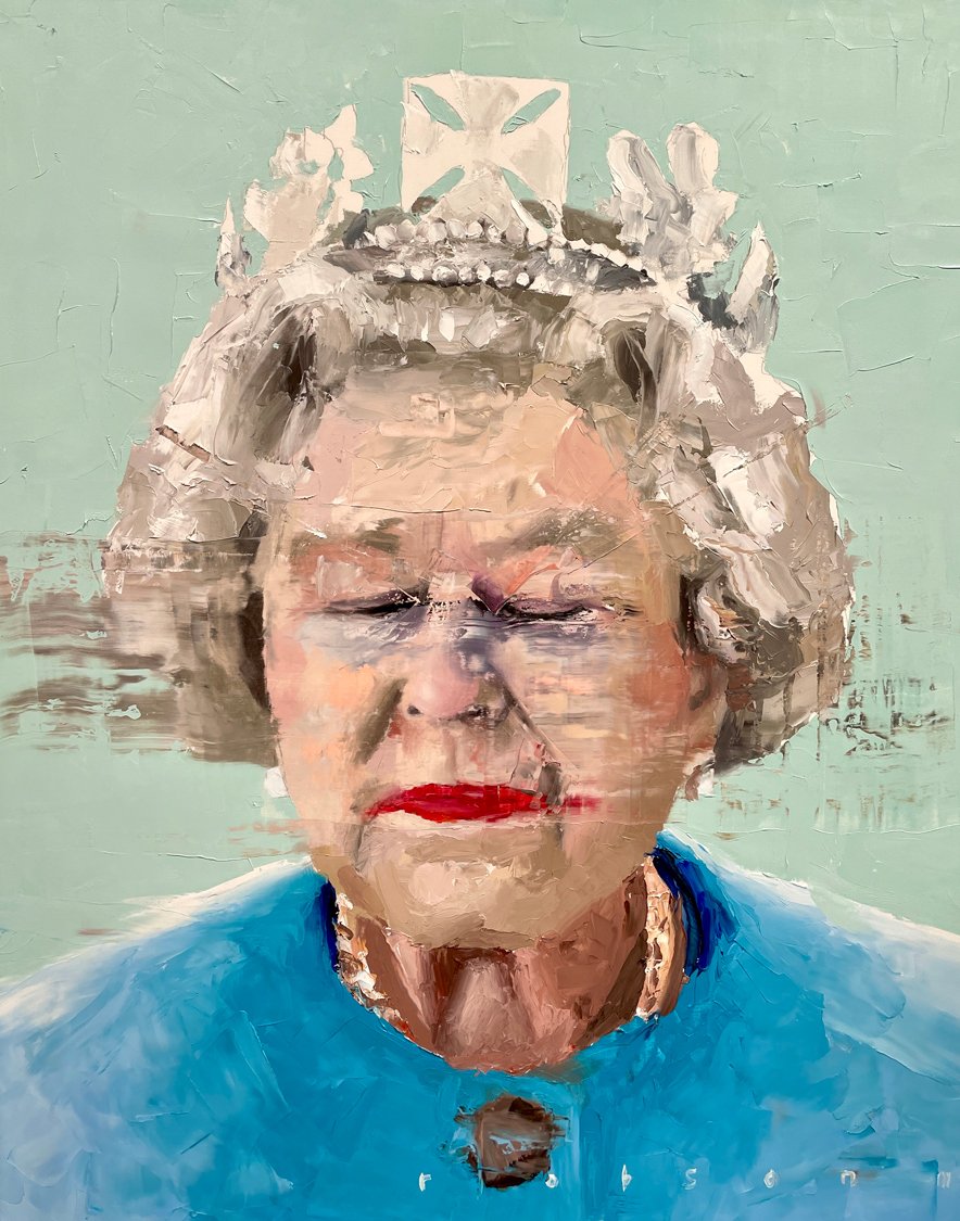 An abstract painting of a woman with gray hair, red lipstick, wearing a blue top, against a greenish background.