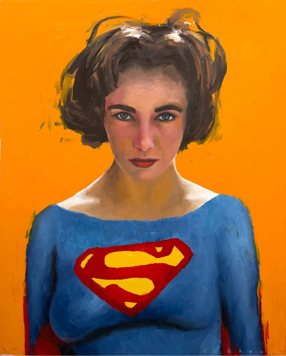 A painted portrait of a woman with short brown hair, blue eyes, and red lipstick, wearing a blue shirt with a Superman emblem on the chest, set against a bright orange background.