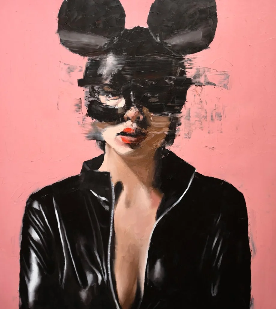 An abstract portrait of a woman with a pink background, wearing black sunglasses, red lipstick, and a black leather jacket, with oversized black bunny ear headband.