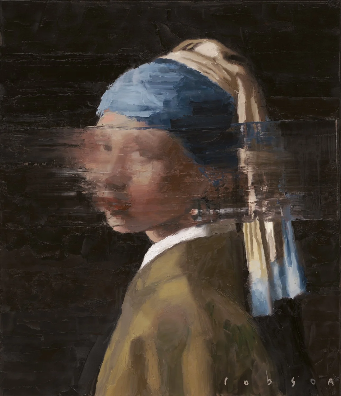 An oil painting of a woman with her head bowed and eyes closed, wearing a blue headscarf and a mustard-colored top, set against a dark background.
