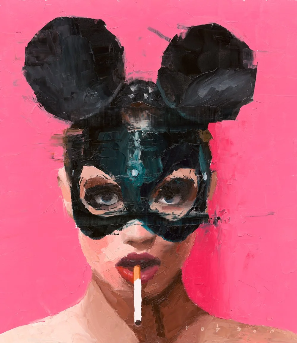Painting of a woman with dark hair, wearing a black mask over her eyes and Mickey Mouse ears, holding a cigarette in her mouth against a pink background.