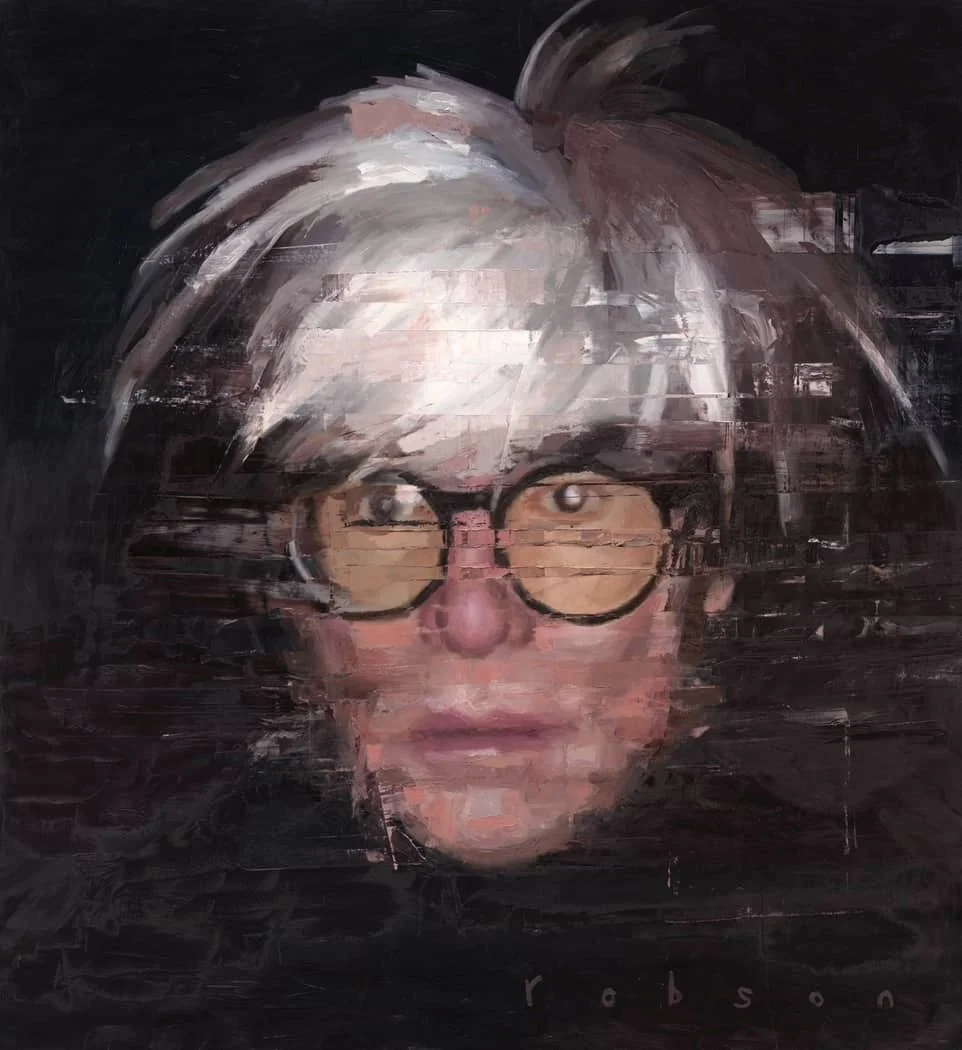 An artistic portrait of a person with short, messy white hair, wearing glasses with round frames, against a dark background. The portrait has a painterly, textured style.