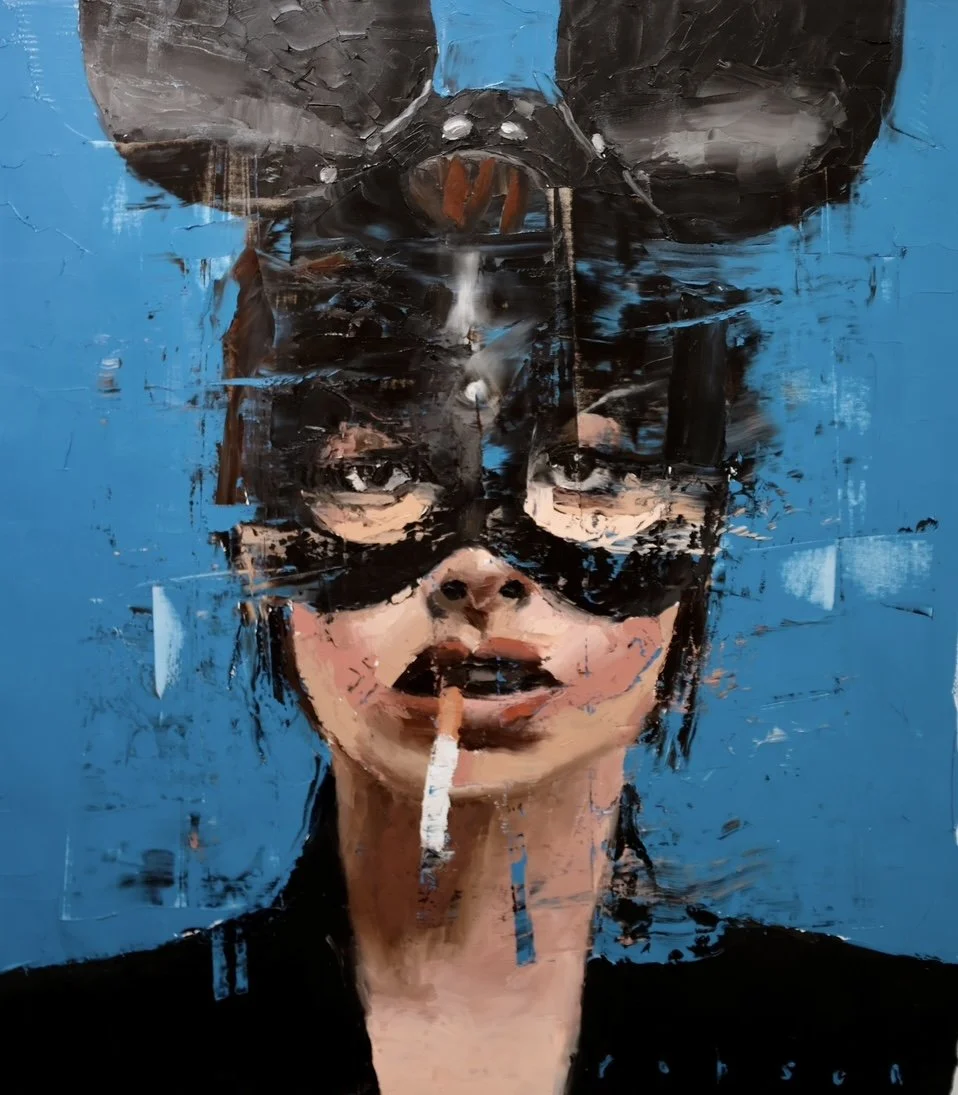 An abstract painting of a woman's face with short black hair, wearing a black mask, smoking a cigarette, against a blue background.