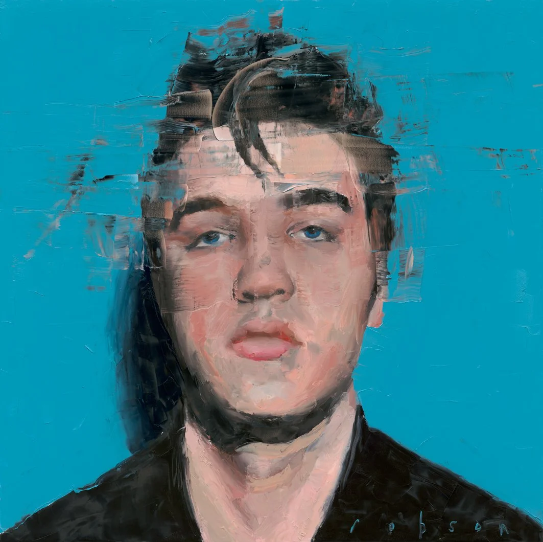 A painting of a young man with light skin and blue eyes, with dark hair, wearing a black shirt, set against a solid blue background.