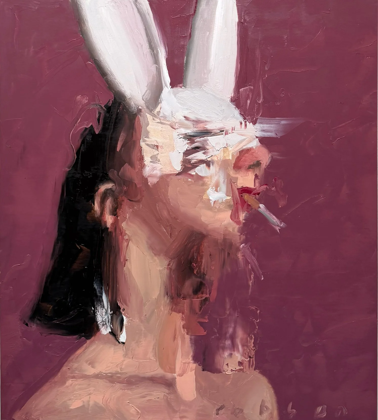 Abstract oil painting of a woman with closed eyes, long blonde hair, and a pink background.
