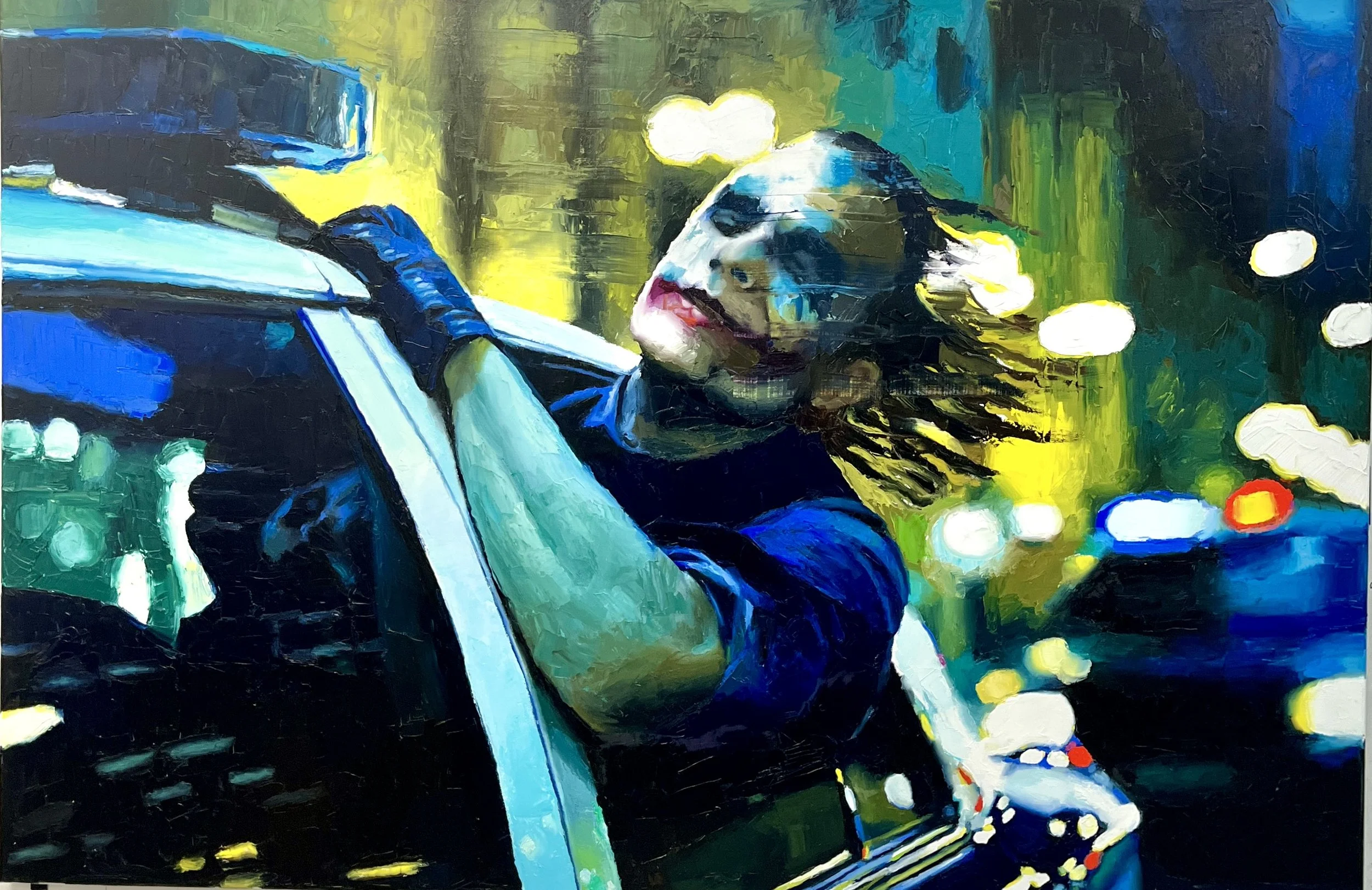 An abstract painting of a woman with long hair playing a keyboard at night, with colorful bokeh lights in the background.