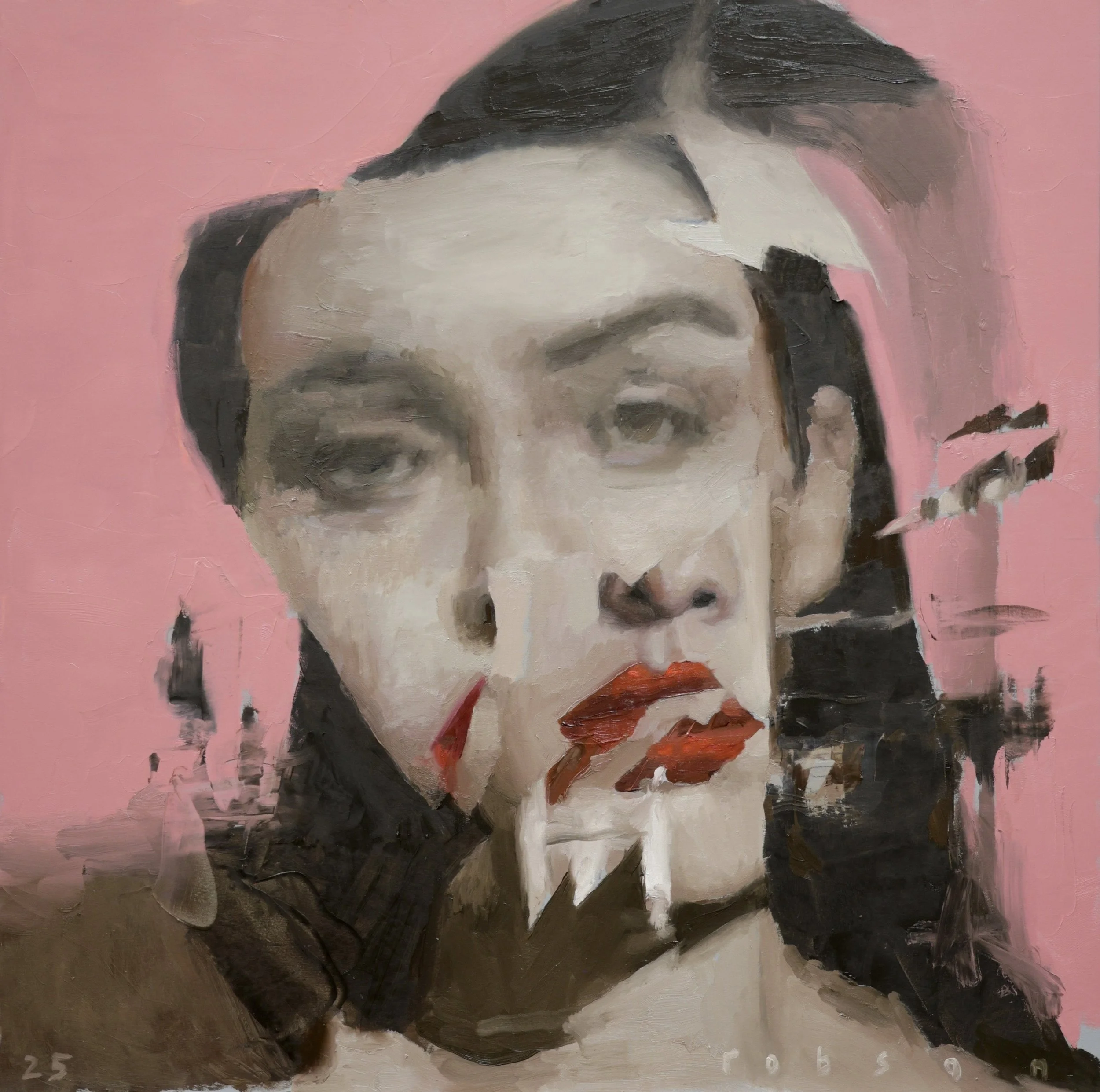 Close-up of a painting of a person's face with black hair, glasses, and red lipstick, on a pink background.