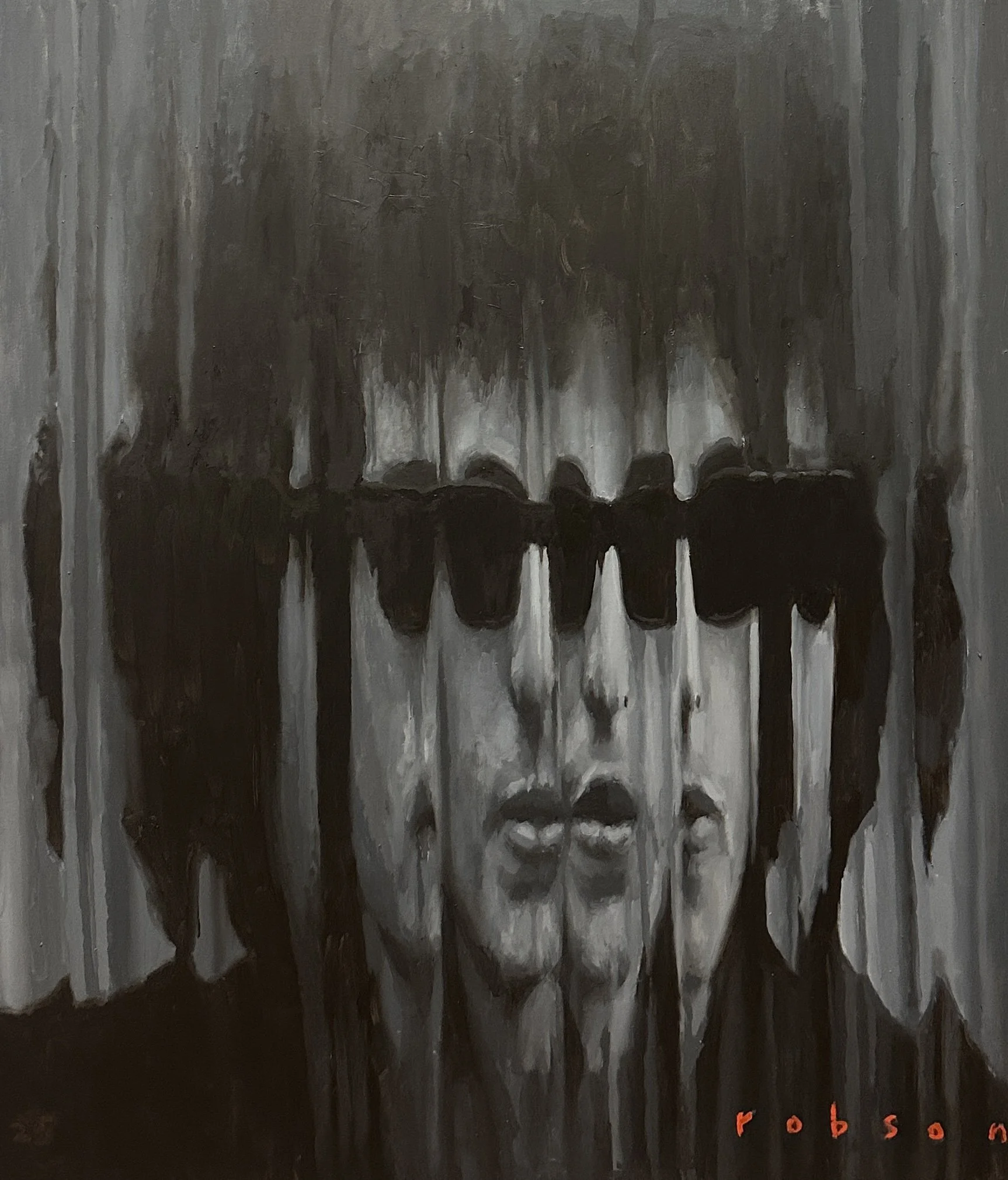 A painting with dark vertical streaks creating a textured background, featuring the faint, stylized word "forget" and the word "Robson" painted in small red letters at the bottom right corner.