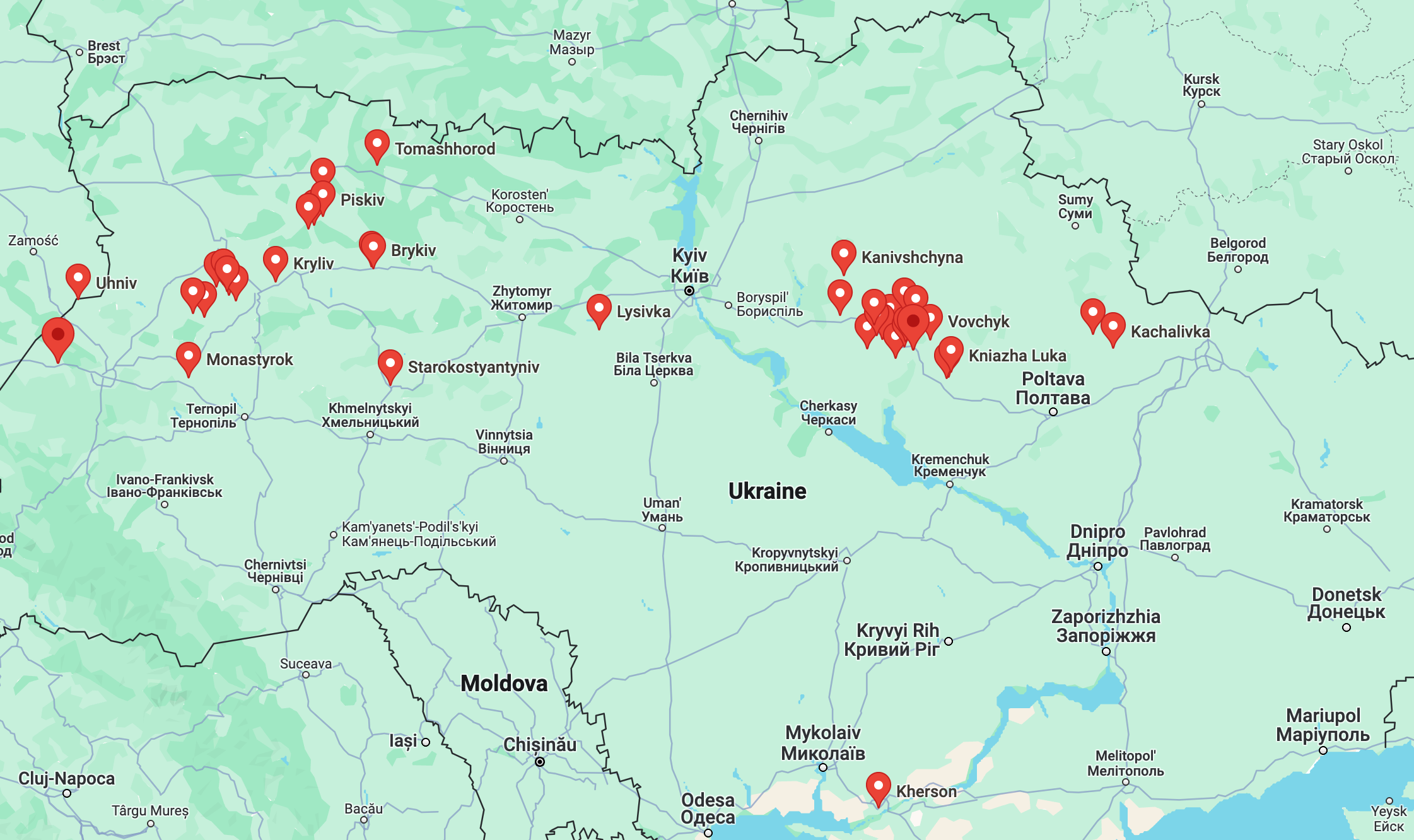 Map of Ukraine with various cities and regions marked by red location pins, highlighting key areas and cities across the country.