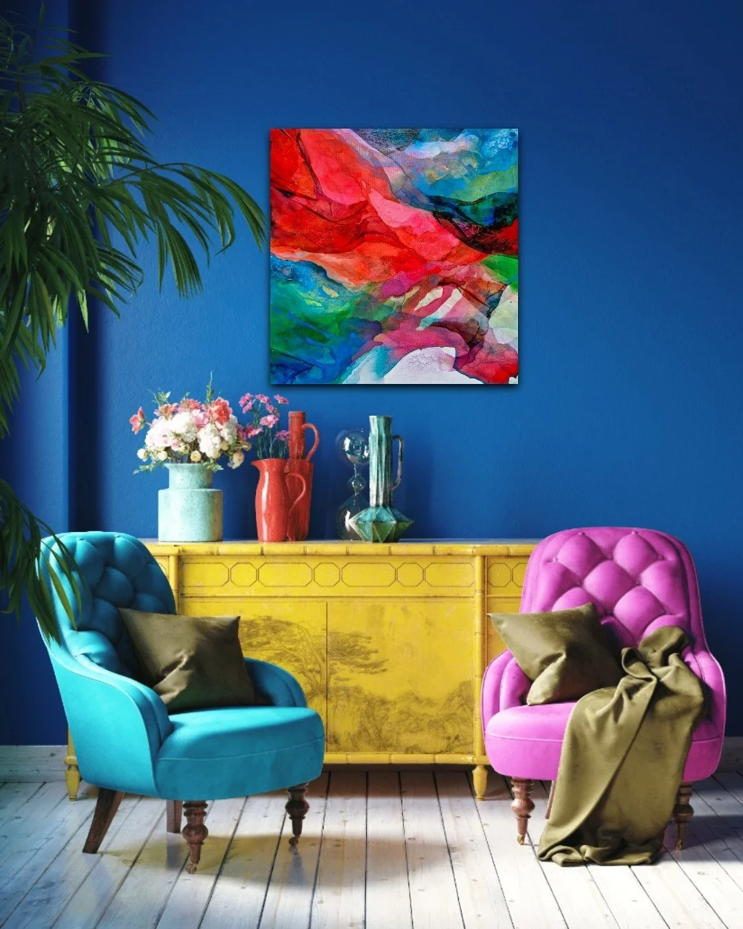 Confluence 1 is an abstract painting exploring the merging of a myriad of colours along with textures