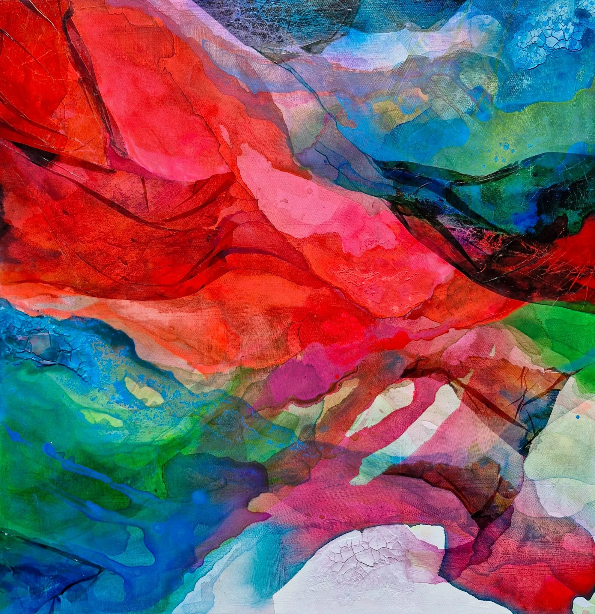 Confluence 1 is an abstract painting exploring the merging of a myriad of colours along with textures