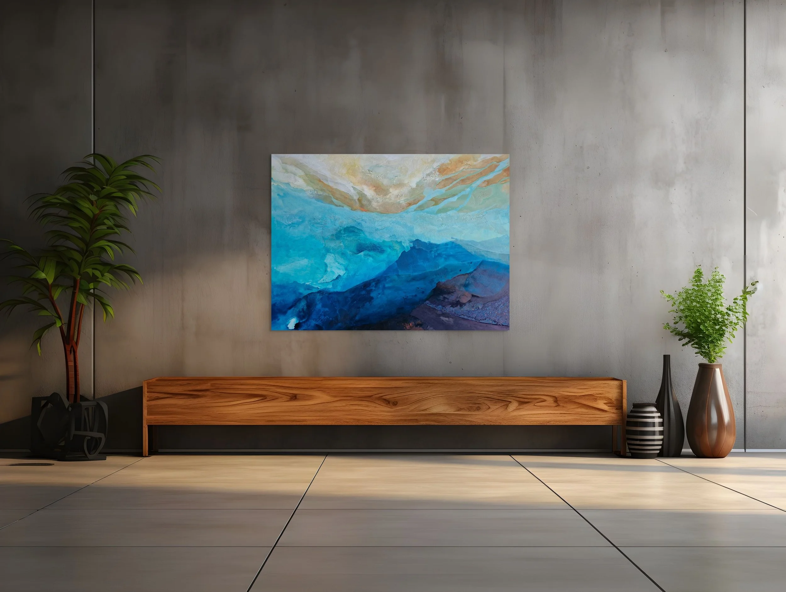 Abstract mixed media art titled Coastal Colours 2, from Artstudio Aparna artist Aparna Chakravarty's Coastal Colours series. In situ image