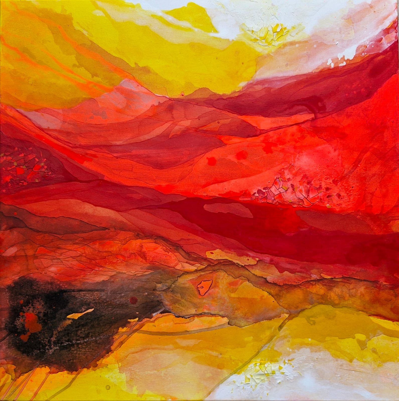 Convergence 1 is an abstract painting exploring red, yellow, white and black colours along with textures