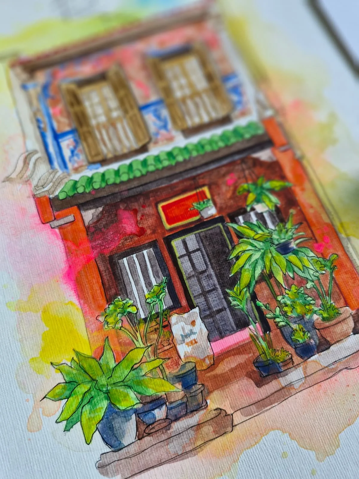 artstudioaparna-figurative-art-Shophouse at Spottiswoode Park Road, Singapore. Singapore shophouse painting.