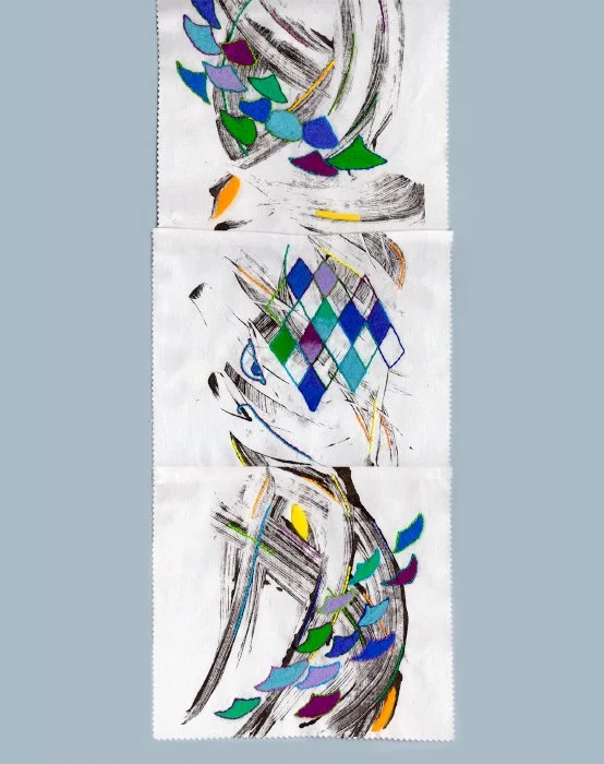 Scroll of the Simurgh - (Black Ink Monotype, Needle Felting, and Embroidery) (Cropped) 10in x 30in Hanging Scroll.
This stand-alone piece was inspired by the video game Prince of Persia and the legend of the Simurgh, an Ancient Persian mythical bird
