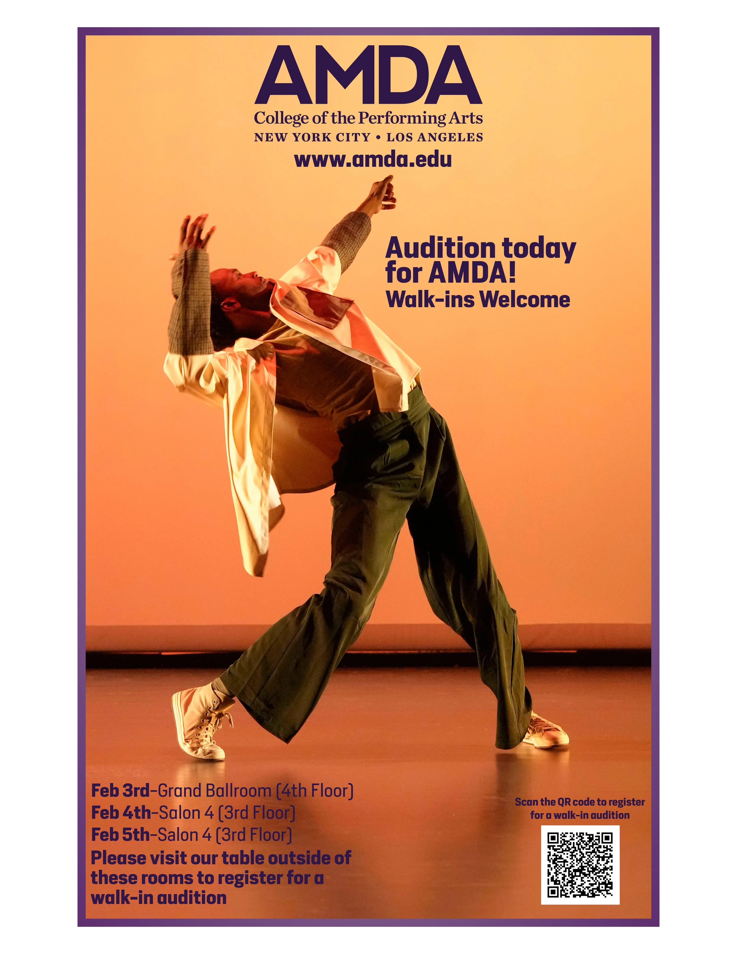 2025 Annual National Audition Print Poster for AMDA College of the Performing Arts, a nonprofit university. I designed the poster and selected the photo.