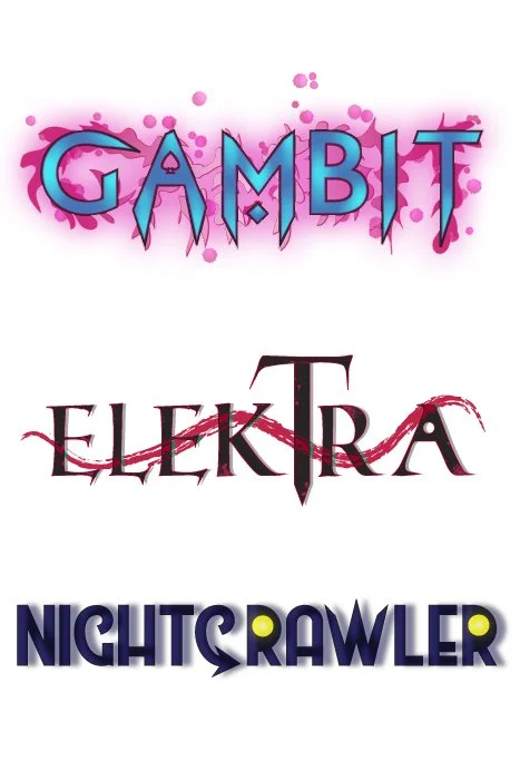 Self-initiated Comic Character Logos - I wanted to create my own versions of character logos used for stand-alone series. I used colors, shapes, and references to the character's costume or powers within the typography. These were made using Photosho