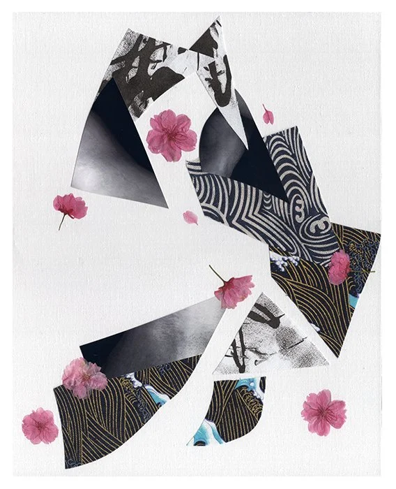 Moving Through - 4 of 6
(Digital Self-portrait Photography, Cotton Fabric, Black Paint, Dried Cherry Blossoms) 11in x 14in on Canvas Panel.