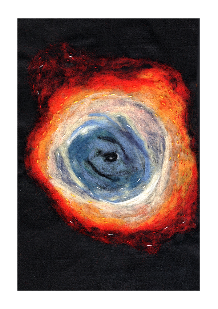God's Eye - (Needle Felting and Embroidery) 12in x 18in Framed.

This piece was inspired by a nebula called God's Eye. I loved the color shifts from blue through red and I replicated those color gradations with needle felted wool. I added in embroide