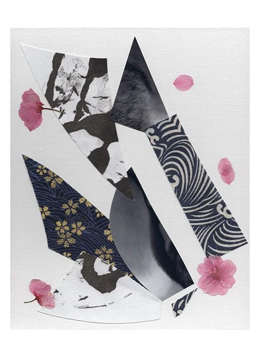 Looking Toward Mt. Fuji - 5 of 6
(Digital Self-portrait Photography, Cotton Fabric, Black Paint, Dried Cherry Blossoms) 8in x 10in on Canvas Panel.