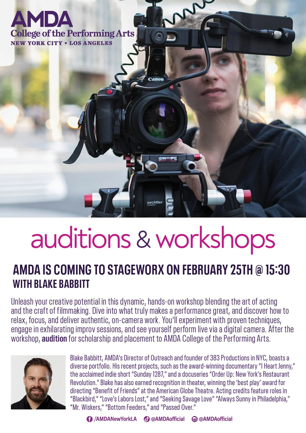 Digital Poster and Social Media asset for AMDA College of the Performing Arts, a nonprofit university. I designed the poster and selected the photo.