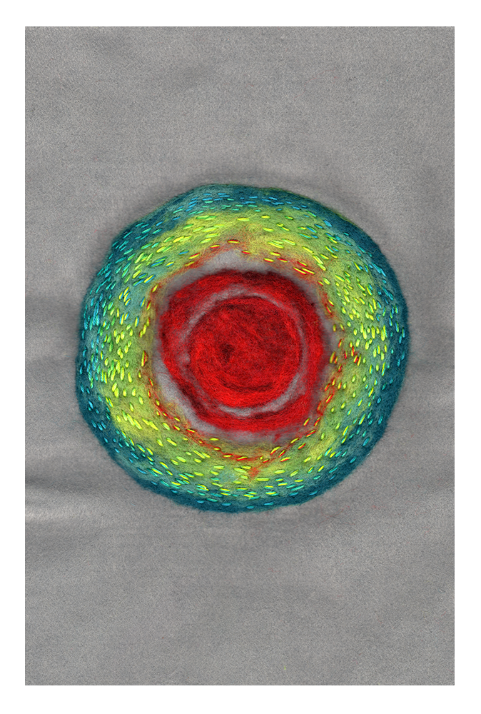 Crimson Garnet Helix - (Needle Felting and Embroidery) 12in x 18in Framed.

This is the third piece in a series exploring the cosmos, galaxies, and outer space called Breathing in the Sparkling Particles of Galaxies, Nebulas, and Supernovas. This pie