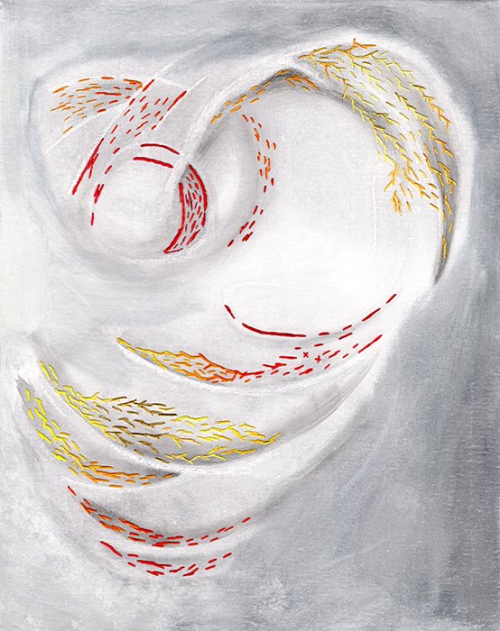 Seeing the Spirits of Red Giants (Cropped) (Watercolor, Watercolor Crayon and Embroidery) 16in x 20in Stretched Canvas Panel.
This piece is part of an on-going collection that is inspired by the cosmos and celestial bodies.