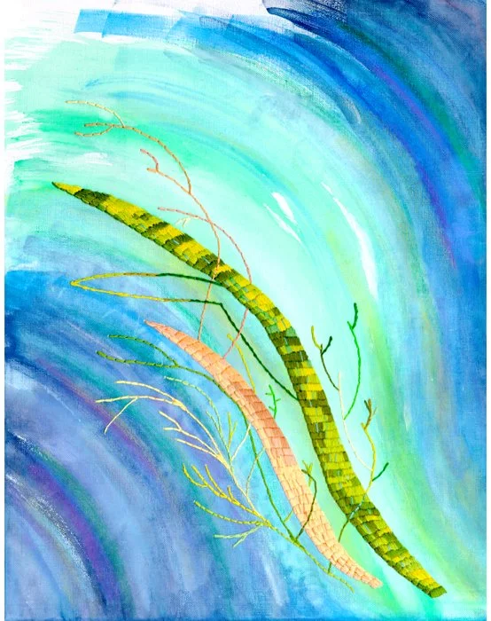 Breathing Underwater - (Watercolor, Watercolor Crayon, Embroidery) 16in x 20in Stretched Canvas Panel.
This stand-alone piece is an exploration of underwater plant life.