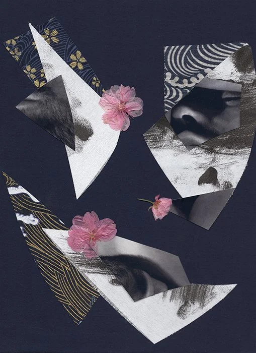 5cm Per Second - 3 of 6
(Digital Self-portrait Photography, Cotton Fabric, Black Paint, Dried Cherry Blossoms) 9in x 12in on Canvas Panel.