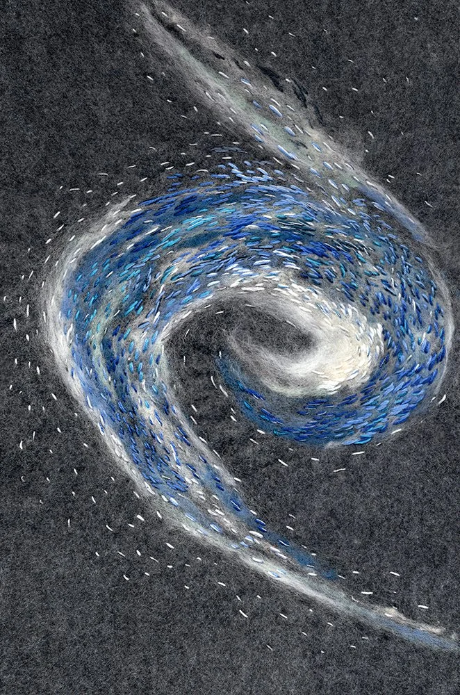 Into the Whirl of the Poseidon Nebula - (Needle Felting and Embroidery) 12in x 18in Framed.

This is the second piece in the Breathing in the Sparkling Particles of Galaxies, Nebulas, and Supernovas series. This piece was inspired by the various spir