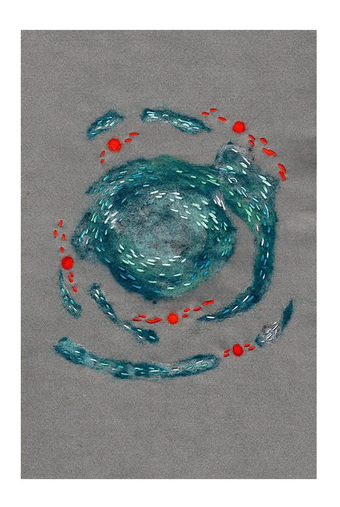 Neptune Mercury Waltz - (Wool Roving, Cotton and Silk Embroidery Thread) 12in x 18in Framed.