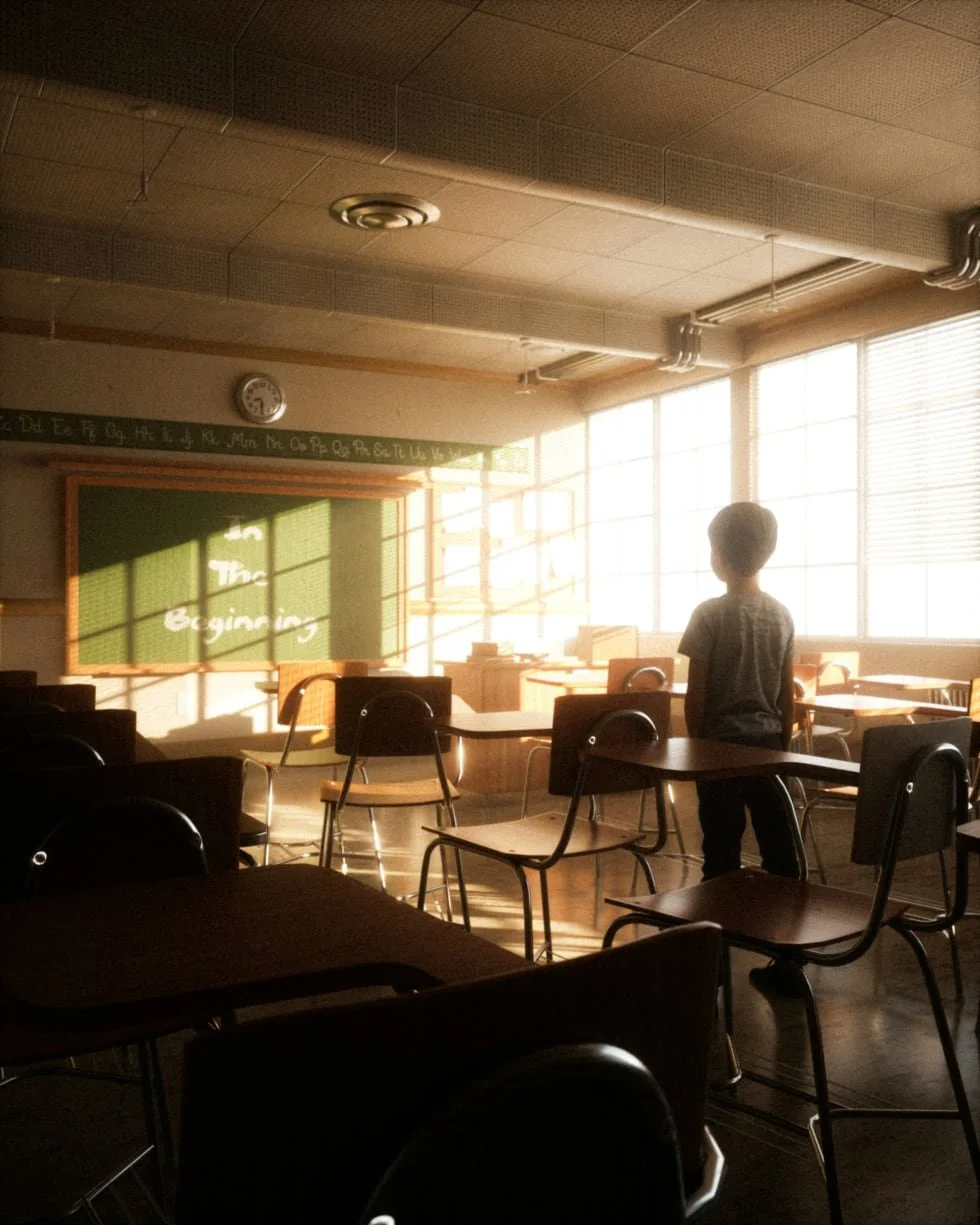 Boy standing in a classroom