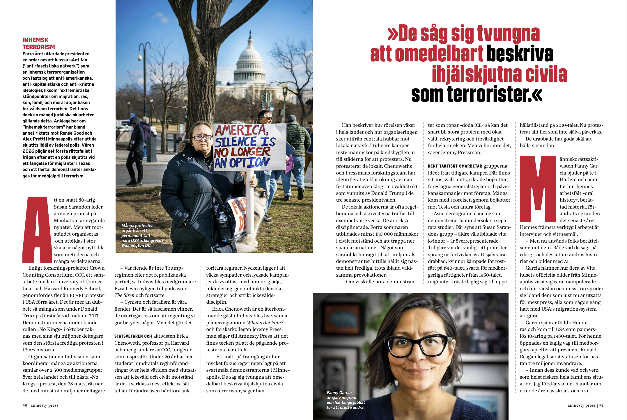 The New Resistance, in depth coverage of the US:s largest ever civil resistance movement. Amnesty Press, magazine of Amnesty International, Sweden, March 2026. Click image for link